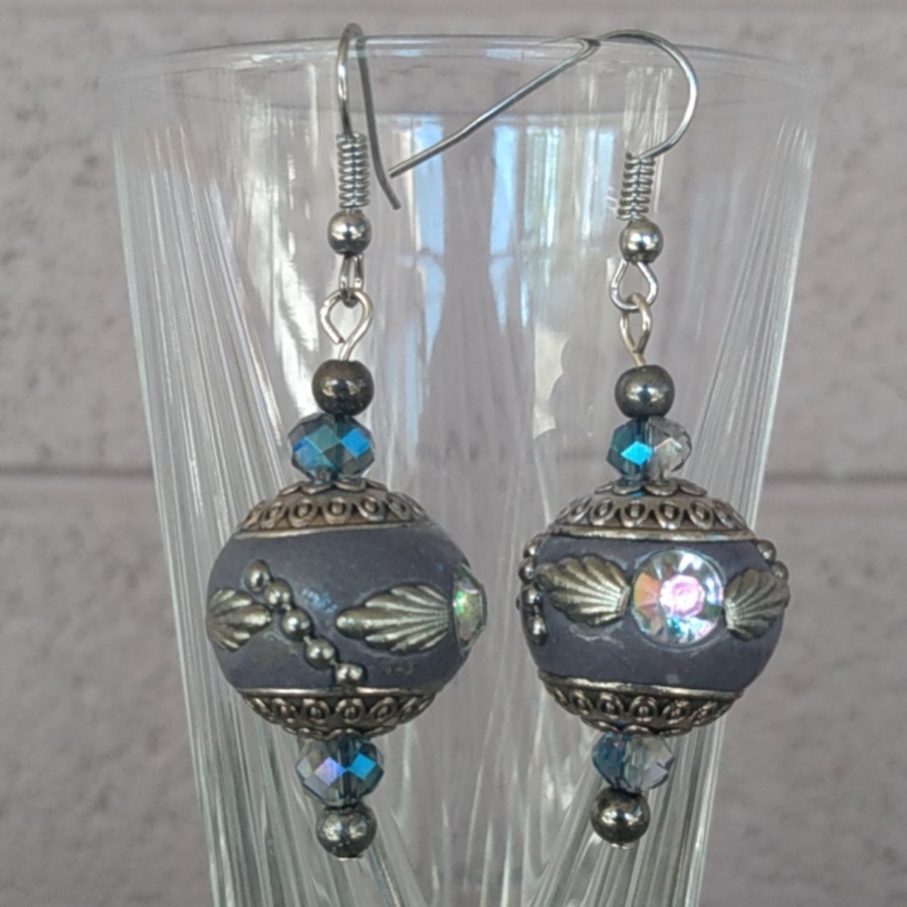 Large Silver Tone Blue Enamel and Crystal Earrings
